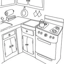 Coloriage Cuisine avec cuisinière et placards