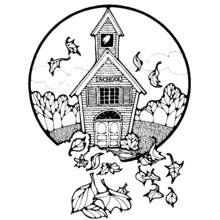 Coloriage École ancienne avec clocher et feuilles d'automne Coloriage École ancienne avec clocher et feuilles d'automne