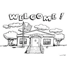 Coloriage École avec pancarte de bienvenue Coloriage École avec pancarte de bienvenue