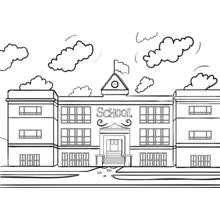 Coloriage École avec tour d'horloge et drapeau Coloriage École avec tour d'horloge et drapeau