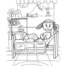 Coloriage Fillette alitée avec une jambe plâtrée à l'hôpital