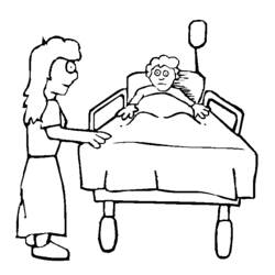 Coloriage Infirmière au chevet d'un patient dans un lit d'hôpital
