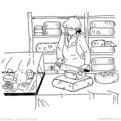 Coloriage Fromager coupant une grosse meule de fromage