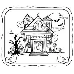 Coloriage Maison Hantée entourée de fantômes et citrouilles
