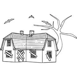 Coloriage Maison hantée aux fenêtres barricadées et chauves-souris
