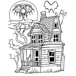 Coloriage Maison Hantée avec lune crâne et fantôme