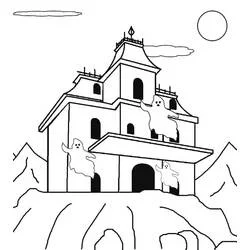 Coloriage Maison Hantée entourée de fantômes