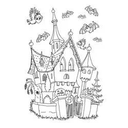 Coloriage Maison Hantée entourée de chauve-souris et de citrouilles