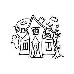 Coloriage Maison hantée à tour ronde sous la pleine lune
