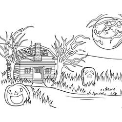 Coloriage Maison hantée avec citrouille et pleine lune