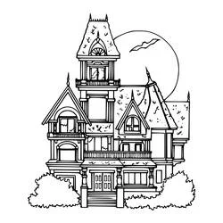 Coloriage Grande maison hantée avec tour et lune