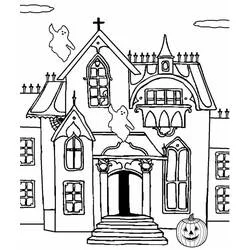 Coloriage Maison à tourelles et citrouille souriante sur marches