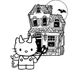 Coloriage Hello Kitty en diablotin devant la Maison Hantée