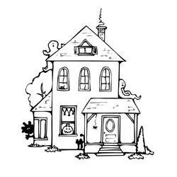 Coloriage Maison hantée à fenêtres en arc et chat noir