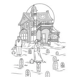 Coloriage Maison Hantée avec cimetière et pleine lune