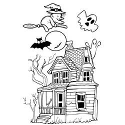 Coloriage Maison hantée avec sorcière et fantômes