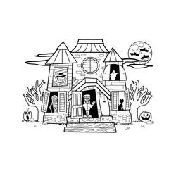 Coloriage Maison Hantée avec personnages effrayants aux fenêtres