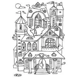 Coloriage Maison hantée avec fantômes et tourelles