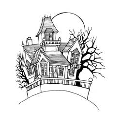 Coloriage Maison Hantée sur une colline sous la lune