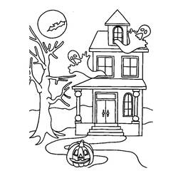 Coloriage Maison hantée à tour pointue et lune marquée