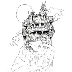Coloriage Maison Hantée perchée sur une falaise