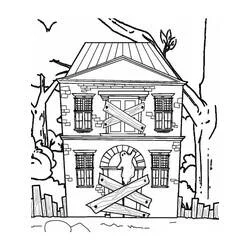 Coloriage Maison Hantée aux fenêtres barricadées et fantôme