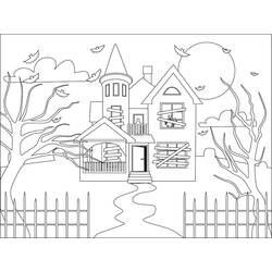 Coloriage Maison hantée avec tour et pleine lune