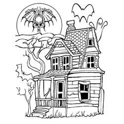 Coloriage Maison hantée avec fantôme et chauves-souris