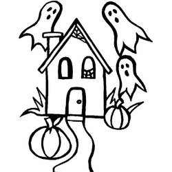 Coloriage Maison hantée entourée de fantômes et de citrouilles