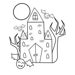 Coloriage Maison hantée avec chauves-souris et lune
