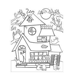 Coloriage Maison hantée avec chat, chauve-souris et fantômes