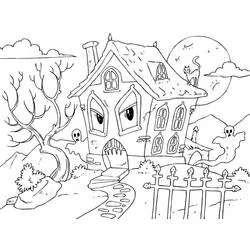 Coloriage Maison Hantée avec chat et fantômes