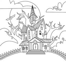 Coloriage Maison hantée avec pleine lune et chauves-souris