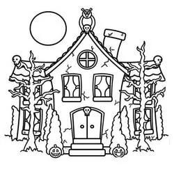 Coloriage Maison Hantée avec hibou et citrouilles