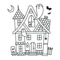 Coloriage Pusheen maison hantée sous la lune