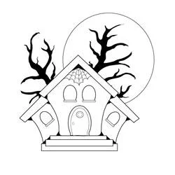 Coloriage Maison Hantée avec arbres nus et pleine lune