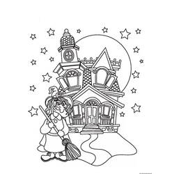 Coloriage Sorcière devant une maison hantée