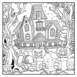Coloriage Maison hantée avec citrouilles et portail