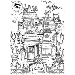 Coloriage Maison hantée entourée de monstres d'Halloween