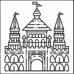 Coloriage Palais avec trois tours et drapeaux