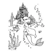 Coloriage Ariel nageant vers le palais sous-marin