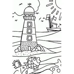 Coloriage Phare au bord de mer avec bateau et poissons
