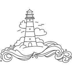 Coloriage Phare sur un îlot rocheux entouré de vagues
