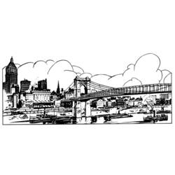 Coloriage Pont suspendu au-dessus d'une rivière urbaine