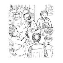 Coloriage Salle à manger avec une famille réunie pour un repas festif