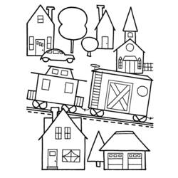 Coloriage Petite ville avec train et maisons