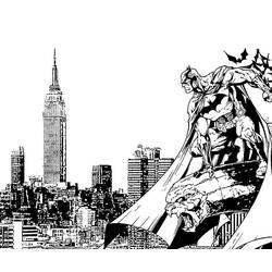 Coloriage Batman accroupi sur une gargouille au-dessus de la ville