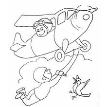 Coloriage Acrobate suspendu à un petit avion