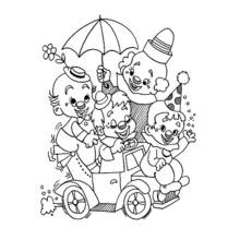 Coloriage Acrobate clowns jouant avec un parapluie et une petite voiture