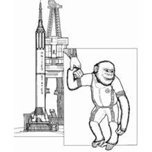 Coloriage Astronaute chimpanzé devant une fusée sur son pas de tir